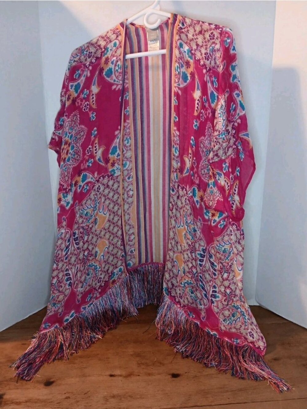 Chicos Women S M Duster Cardigan Open Front Linen Blend Sheer Floral Boho Fringe